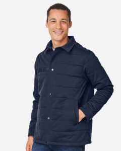 Harriton M821 Unisex Guardian Soft Shell Chore Coat – Dark Navy (on model side)