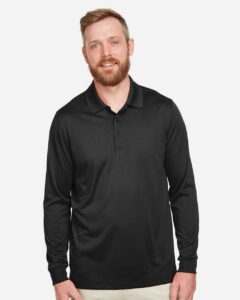 Harriton M348LT Men’s Tall Advantage Long Sleeve Snag Protection Plus IL Polo – Black (on model)