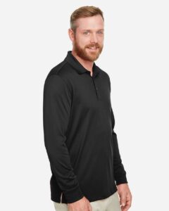 Harriton M348LT Men’s Tall Advantage Long Sleeve Snag Protection Plus IL Polo – Black (on model side)