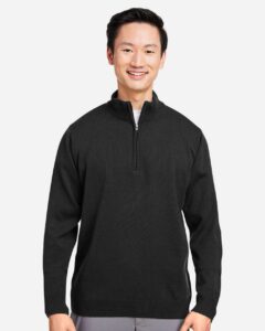 Harriton M421 Unisex Pilbloc™ Quarter-Zip Pullover Sweater – Black (on model)