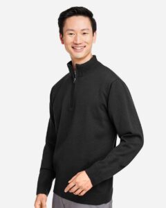 Harriton M421 Unisex Pilbloc™ Quarter-Zip Pullover Sweater – Black (on model side)