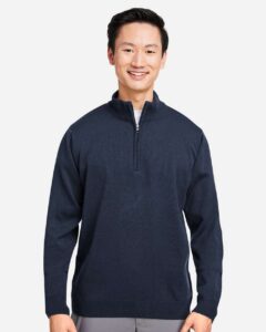 Harriton M421 Unisex Pilbloc™ Quarter-Zip Pullover Sweater – Dark Navy (on model)