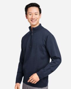 Harriton M421 Unisex Pilbloc™ Quarter-Zip Pullover Sweater – Dark Navy (on model side)