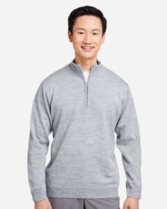 Harriton M421 Unisex Pilbloc™ Quarter-Zip Pullover Sweater – Grey Heather (on model)