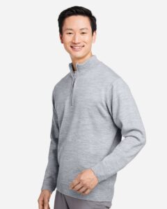Harriton M421 Unisex Pilbloc™ Quarter-Zip Pullover Sweater – Grey Heather (on model side)
