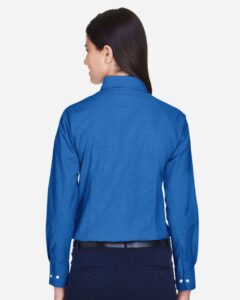 Harriton M600W Women’s Oxford Dress Shirt – French Blue (on model back)