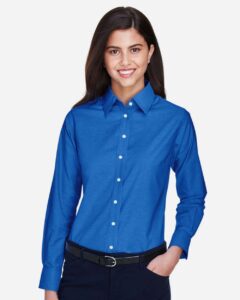 Harriton M600W Women’s Oxford Dress Shirt – French Blue (on model)