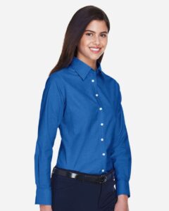 Harriton M600W Women’s Oxford Dress Shirt – French Blue (on model side)