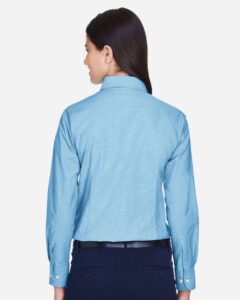 Harriton M600W Women’s Oxford Dress Shirt – Light Blue (on model back)