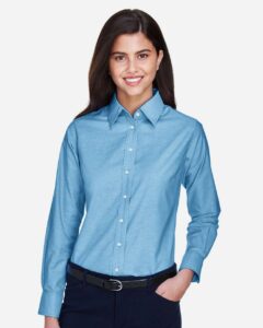 Harriton M600W Women’s Oxford Dress Shirt – Light Blue (on model)