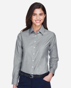 Harriton M600W Women’s Oxford Dress Shirt – Oxford Grey (on model)