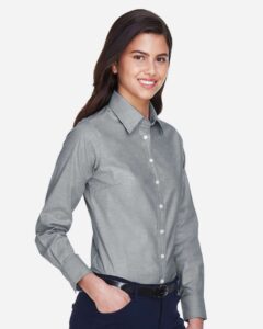 Harriton M600W Women’s Oxford Dress Shirt – Oxford Grey (on model side)