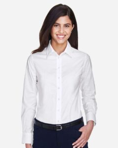 Harriton M600W Women’s Oxford Dress Shirt – White (on model)