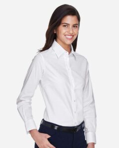 Harriton M600W Women’s Oxford Dress Shirt – White (on model side)