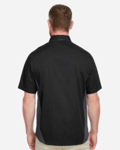 Harriton M586T Men’s Tall Flash IL Colorblock Shirt – Black/ Dark Charcoal (on model back)