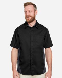 Harriton M586T Men’s Tall Flash IL Colorblock Shirt – Black/ Dark Charcoal (on model)
