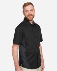 Harriton M586T Men’s Tall Flash IL Colorblock Shirt – Black/ Dark Charcoal (on model side)