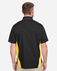 Harriton M586T Men’s Tall Flash IL Colorblock Shirt – Black/ Sunray Yellow (on model back)