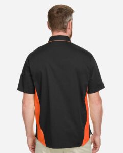 Harriton M586T Men’s Tall Flash IL Colorblock Shirt – Black/ Team Orange (on model back)