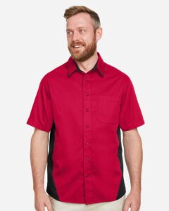 Harriton M586T Men’s Tall Flash IL Colorblock Shirt – Red/ Black (on model)