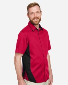 Harriton M586T Men’s Tall Flash IL Colorblock Shirt – Red/ Black (on model side)