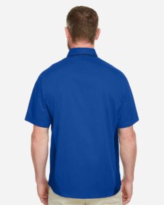 Harriton M586T Men’s Tall Flash IL Colorblock Shirt – True Royal/ Black (on model back)
