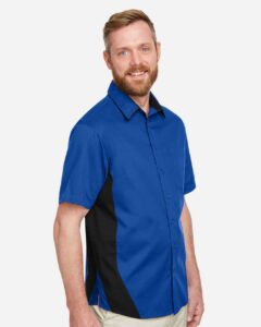 Harriton M586T Men’s Tall Flash IL Colorblock Shirt – True Royal/ Black (on model side)