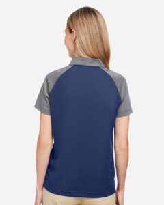 Team 365 TT21CW Women’s Command Snag-Protection Colorblock Polo – Sport Dark Navy/ Sport Graphite (on model back)