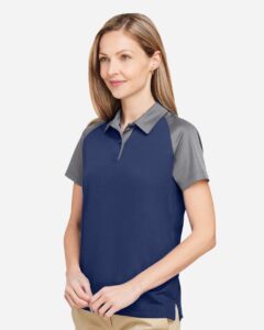 Team 365 TT21CW Women’s Command Snag-Protection Colorblock Polo – Sport Dark Navy/ Sport Graphite (on model side)