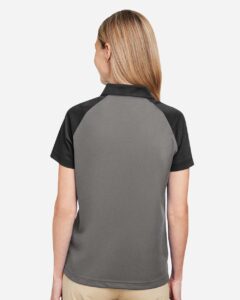 Team 365 TT21CW Women’s Command Snag-Protection Colorblock Polo – Sport Graphite/ Black (on model back)