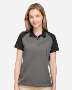 Team 365 TT21CW Women’s Command Snag-Protection Colorblock Polo – Sport Graphite/ Black (on model)