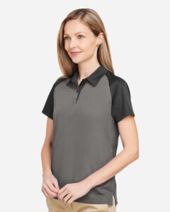 Team 365 TT21CW Women’s Command Snag-Protection Colorblock Polo – Sport Graphite/ Black (on model side)