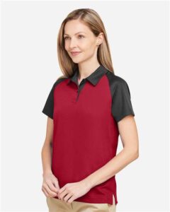 Team 365 TT21CW Women’s Command Snag-Protection Colorblock Polo – Sport Red/ Black (on model side)