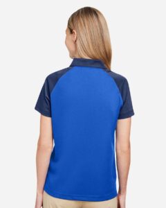 Team 365 TT21CW Women’s Command Snag-Protection Colorblock Polo – Sport Royal/ Sport Dark Navy (on model back)