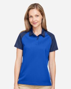 Team 365 TT21CW Women’s Command Snag-Protection Colorblock Polo – Sport Royal/ Sport Dark Navy (on model)