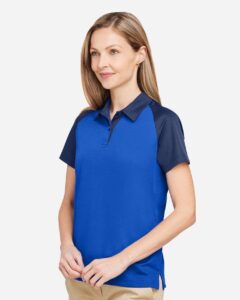 Team 365 TT21CW Women’s Command Snag-Protection Colorblock Polo – Sport Royal/ Sport Dark Navy (on model side)