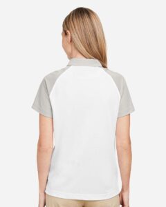 Team 365 TT21CW Women’s Command Snag-Protection Colorblock Polo – White/ Sport Silver (on model back)