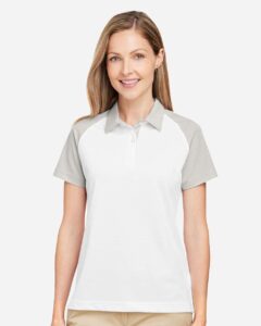 Team 365 TT21CW Women’s Command Snag-Protection Colorblock Polo – White/ Sport Silver (on model)