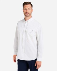 HUK H150184 Men’s Creekbed Pocket Fishing Shirt – White (on model side)