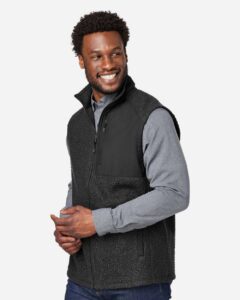 North End NE714 Men’s Aura Sweater Fleece Vest – Black/ Black (on model side)