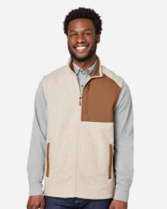 North End NE714 Men’s Aura Sweater Fleece Vest – Oatmeal Heather/ Teak (on model)