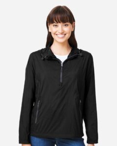 North End NE810W Women’s Aura Lightweight Packable Anorak – Black/ Carbon (on model)