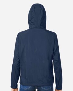North End NE810W Women’s Aura Lightweight Packable Anorak – Classic Navy/ Carbon (on model back)