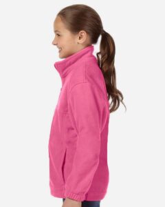 Harriton M990Y Youth Full-Zip Fleece – Charity Pink (on model side)
