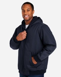 Harriton M722T Unisex Tall ClimaBloc® Heavyweight Hooded Full-Zip Jacket – Dark Navy (on model side)