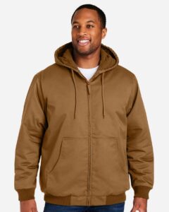 Harriton M722T Unisex Tall ClimaBloc® Heavyweight Hooded Full-Zip Jacket – Duck Brown (on model)