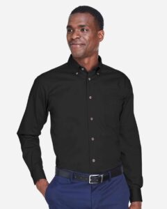 Harriton M500T Men’s Tall Easy Blend™ Twill Dress Shirt – Black (on model)