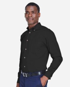 Harriton M500T Men’s Tall Easy Blend™ Twill Dress Shirt – Black (on model side)