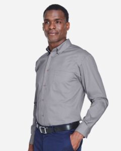 Harriton M500T Men’s Tall Easy Blend™ Twill Dress Shirt – Dark Grey (on model side)