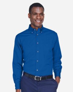 Harriton M500T Men’s Tall Easy Blend™ Twill Dress Shirt – French Blue (on model)